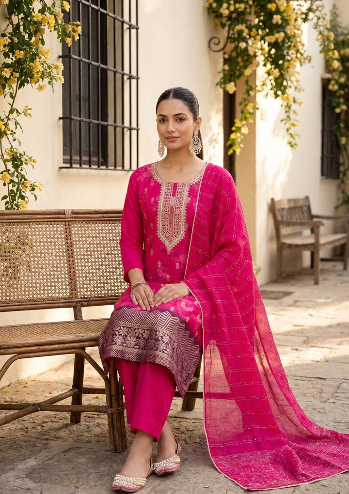 Rani Pink Chanderi Floral Cording Straight Kurta With Regular Pant And Dupatta