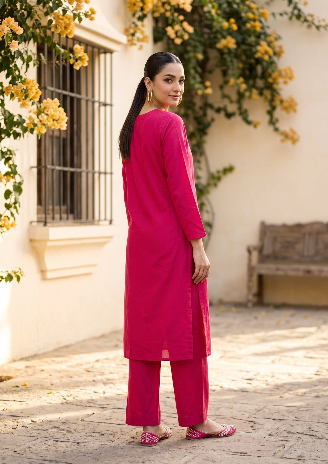 Rani Pink Chanderi Floral Cording Straight Kurta With Regular Pant And Dupatta