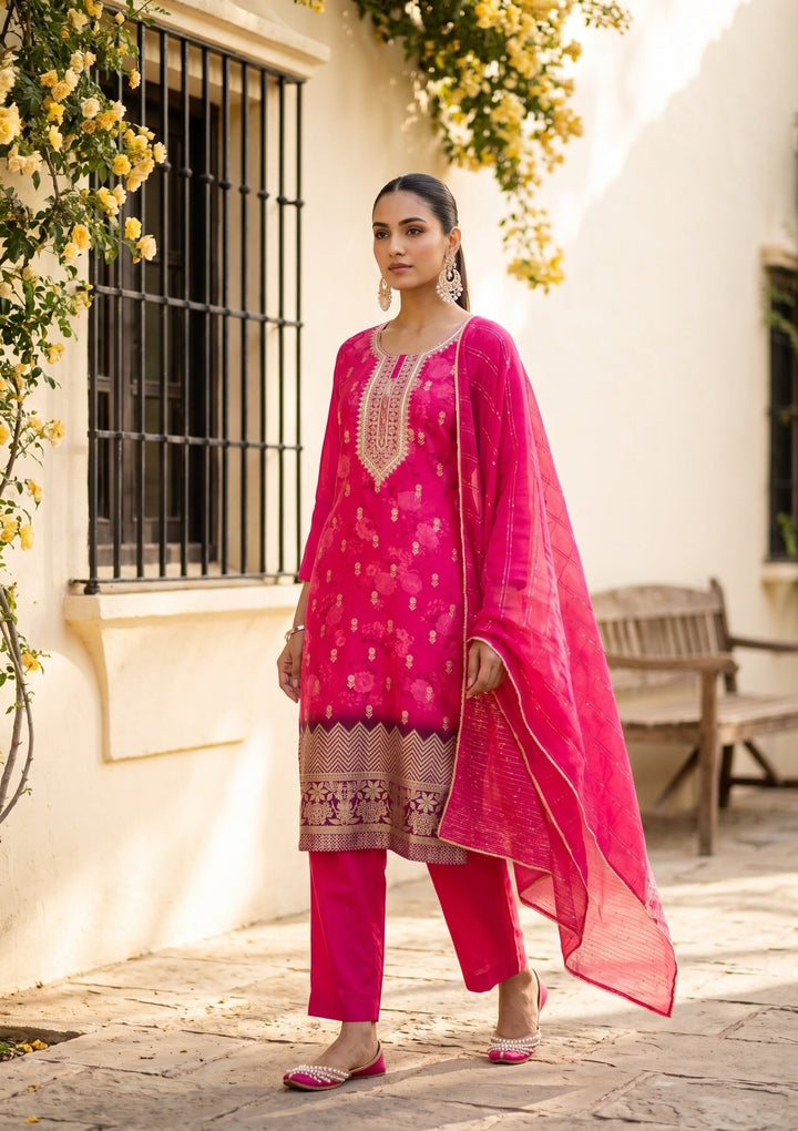 Rani Pink Chanderi Floral Cording Straight Kurta With Regular Pant And Dupatta