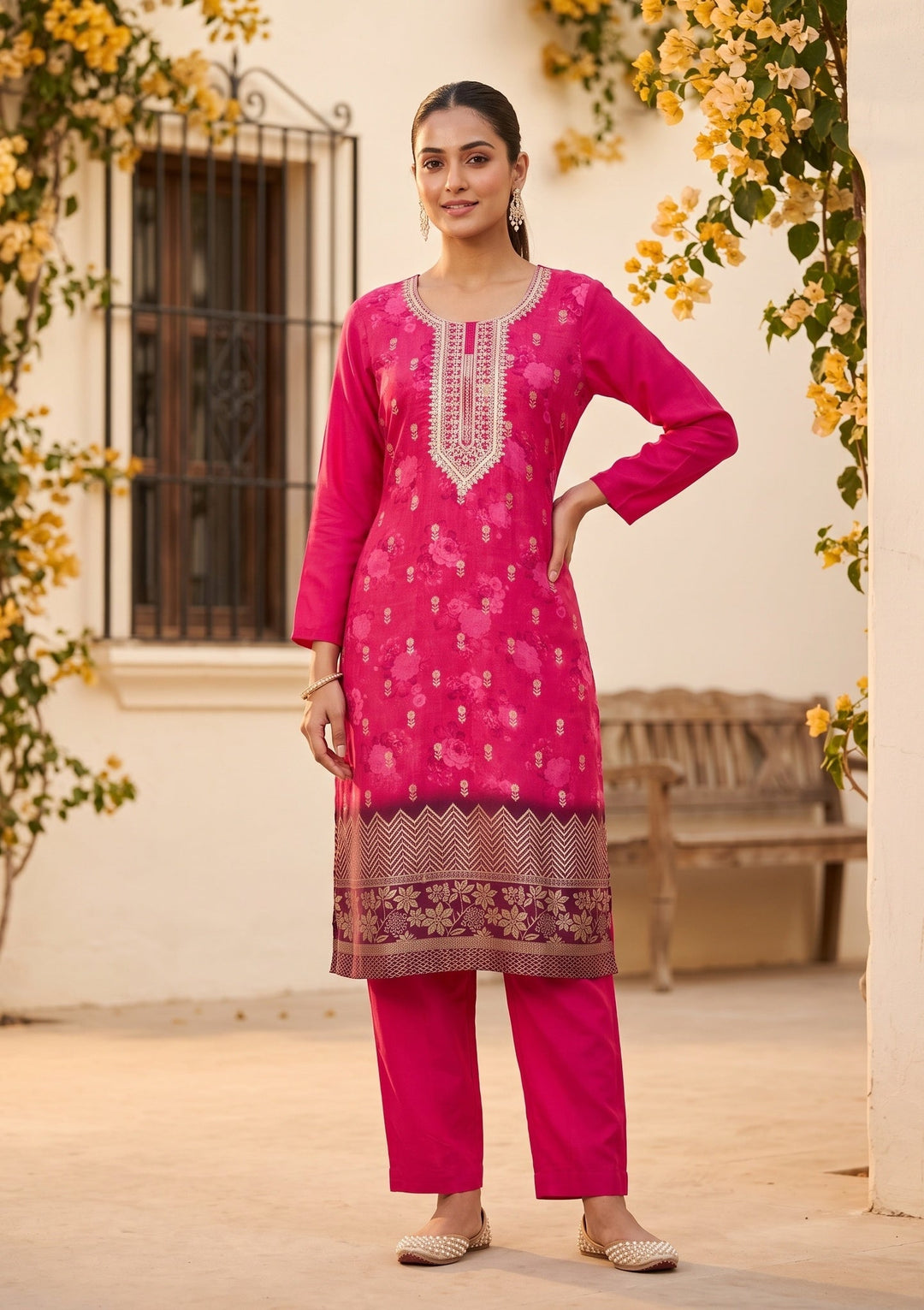 Rani Pink Chanderi Floral Cording Straight Kurta With Regular Pant And Dupatta