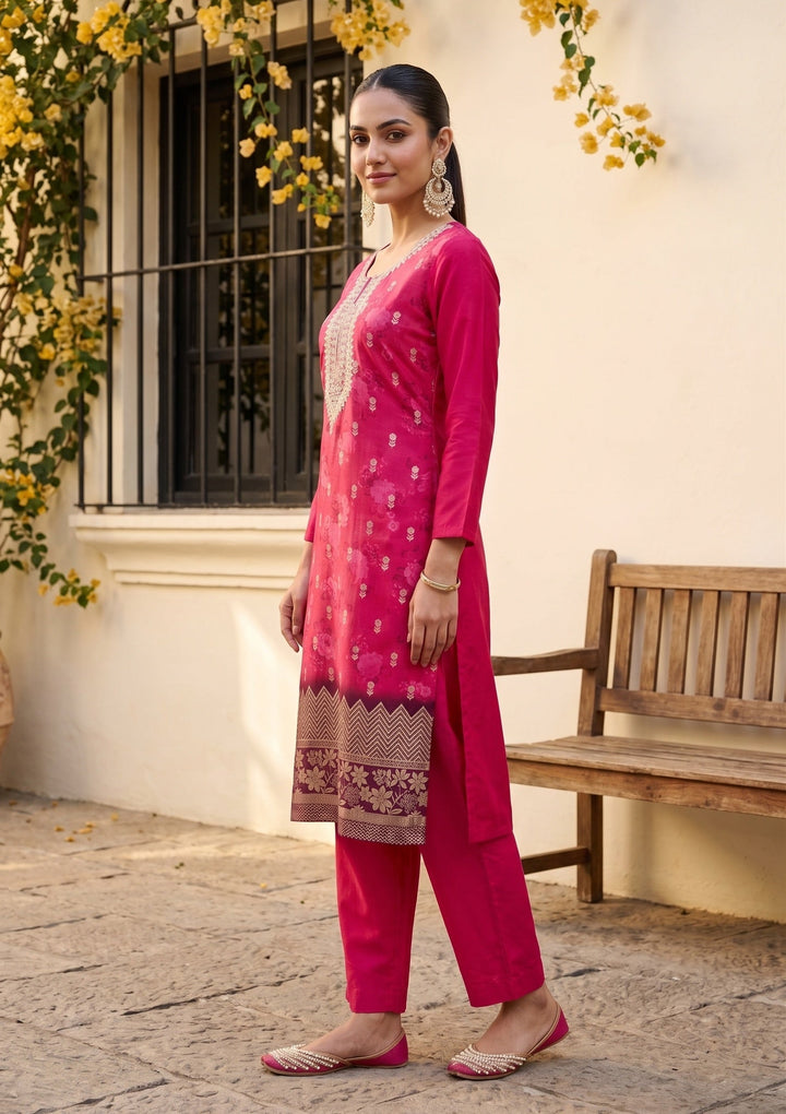 Rani Pink Chanderi Floral Cording Straight Kurta With Regular Pant And Dupatta