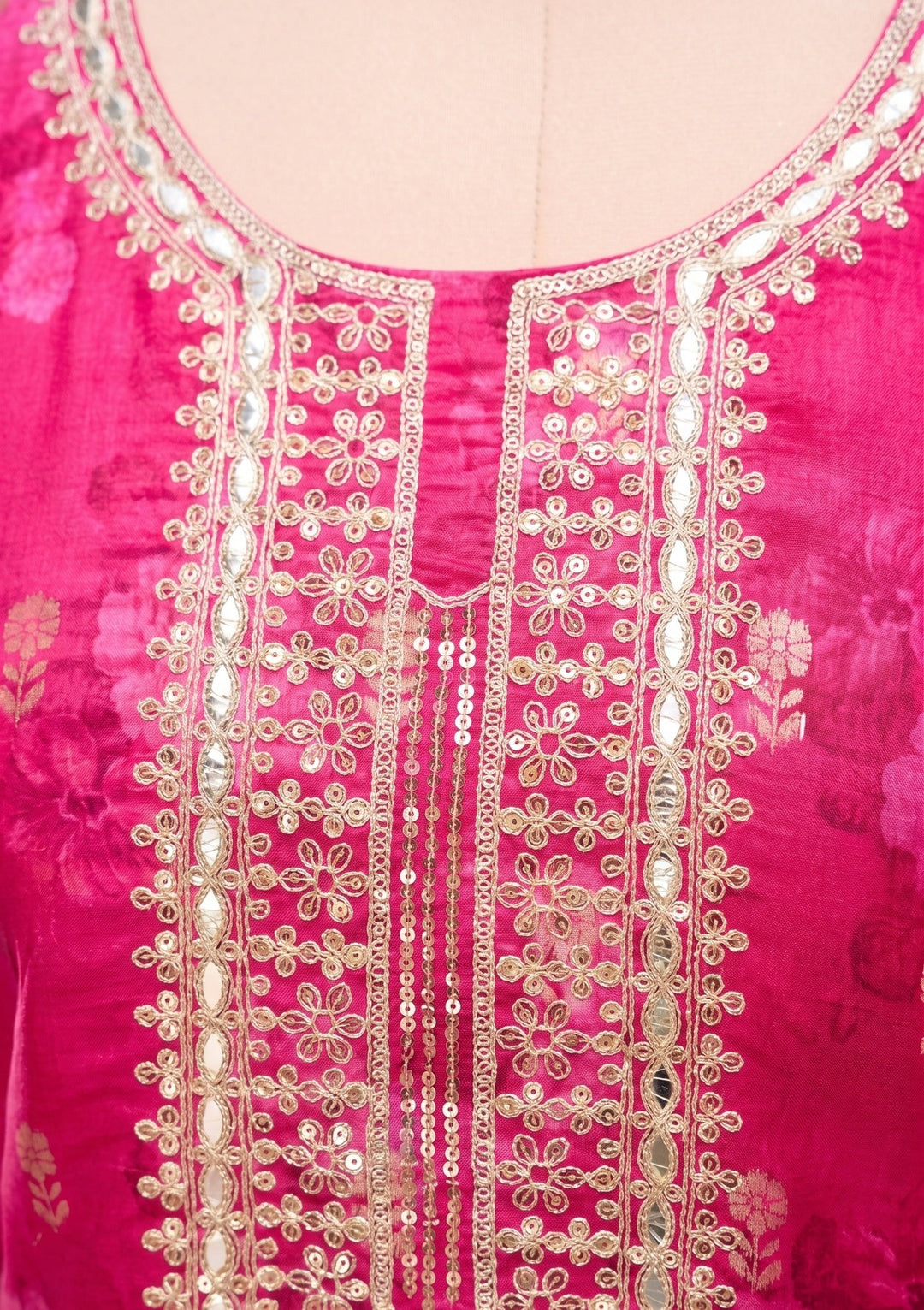 Rani Pink Chanderi Floral Cording Straight Kurta With Regular Pant And Dupatta