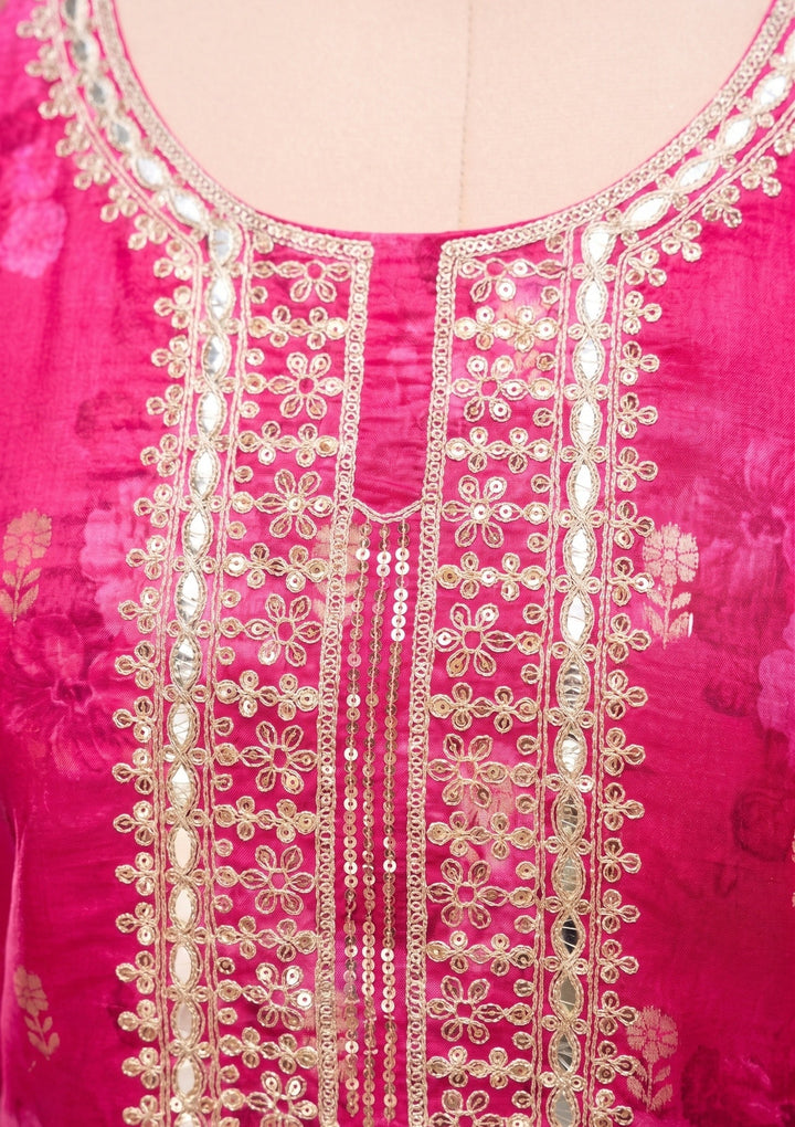 Rani Pink Chanderi Floral Cording Straight Kurta With Regular Pant And Dupatta