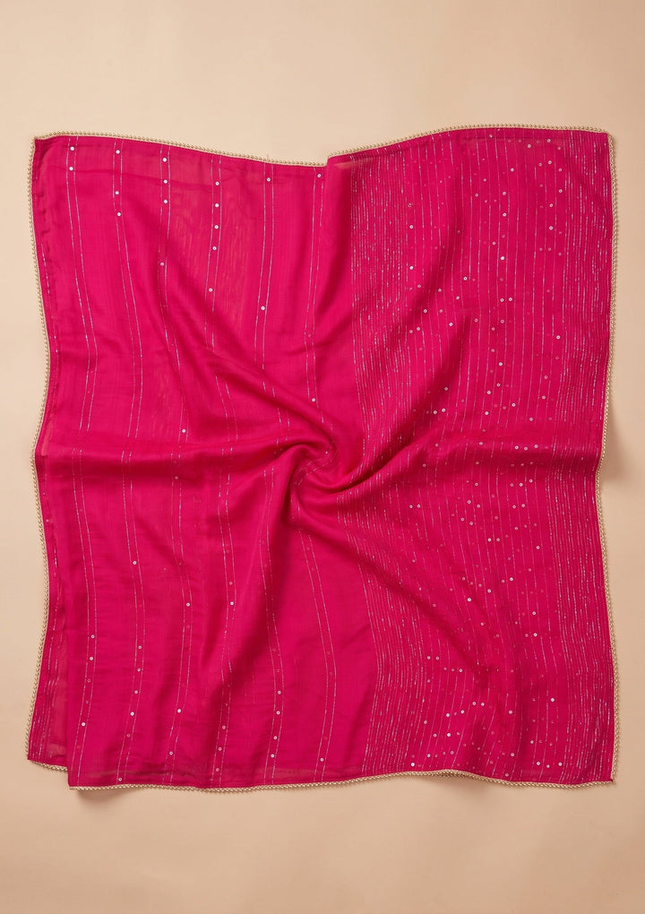 Rani Pink Chanderi Floral Cording Straight Kurta With Regular Pant And Dupatta