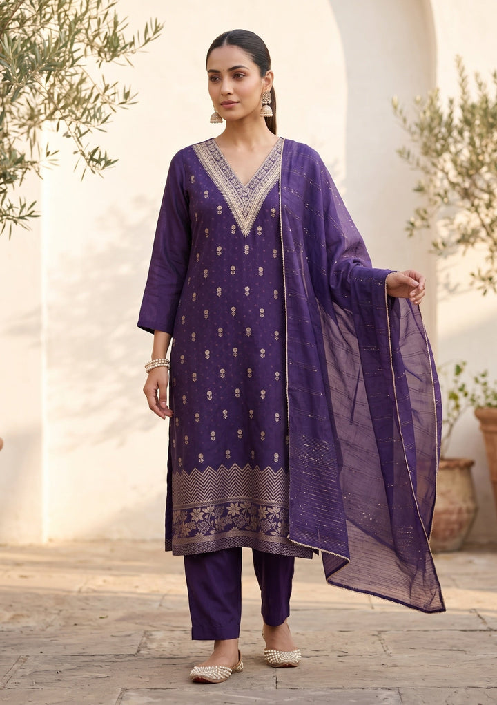 Purple Chanderi Floral Cording Straight Kurta With Regular Pant And Dupatta