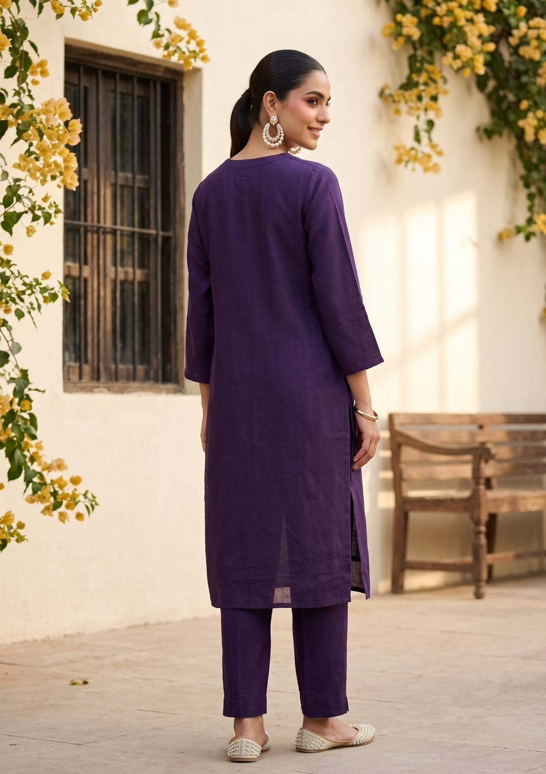 Purple Chanderi Floral Cording Straight Kurta With Regular Pant And Dupatta
