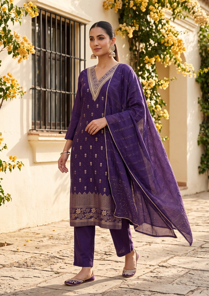 Purple Chanderi Floral Cording Straight Kurta With Regular Pant And Dupatta