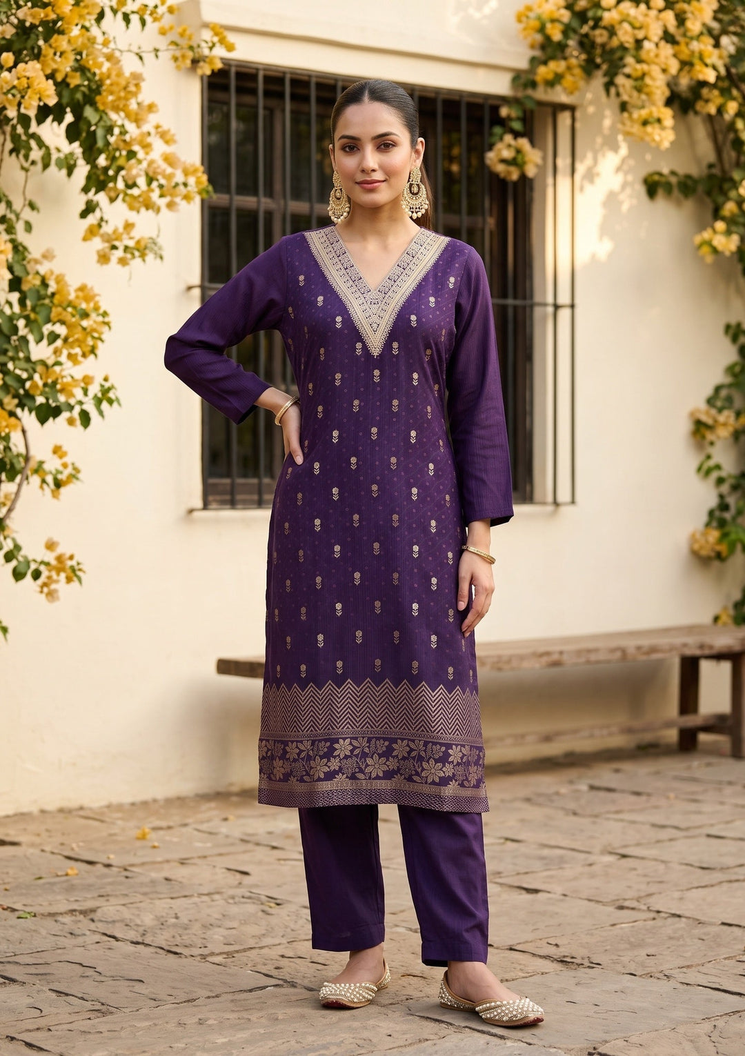 Purple Chanderi Floral Cording Straight Kurta With Regular Pant And Dupatta