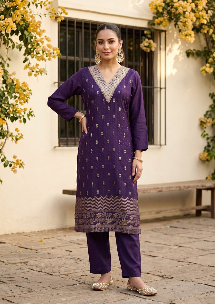 Purple Chanderi Floral Cording Straight Kurta With Regular Pant And Dupatta
