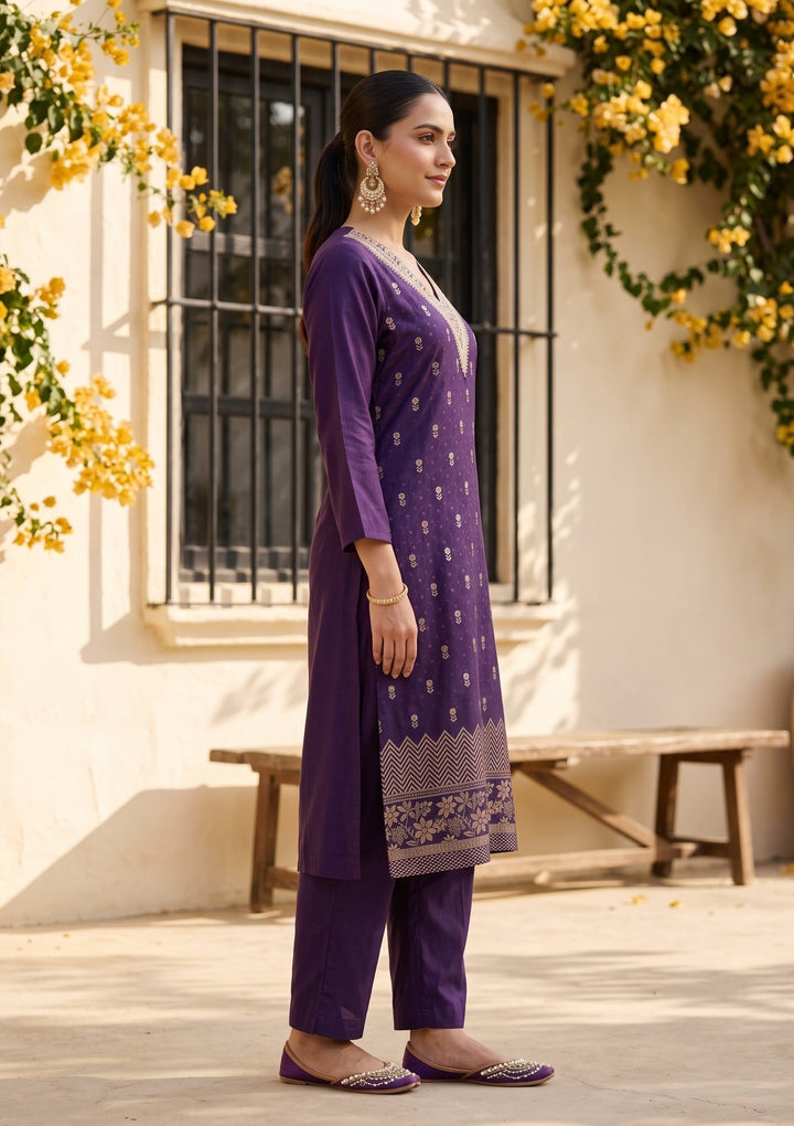 Purple Chanderi Floral Cording Straight Kurta With Regular Pant And Dupatta