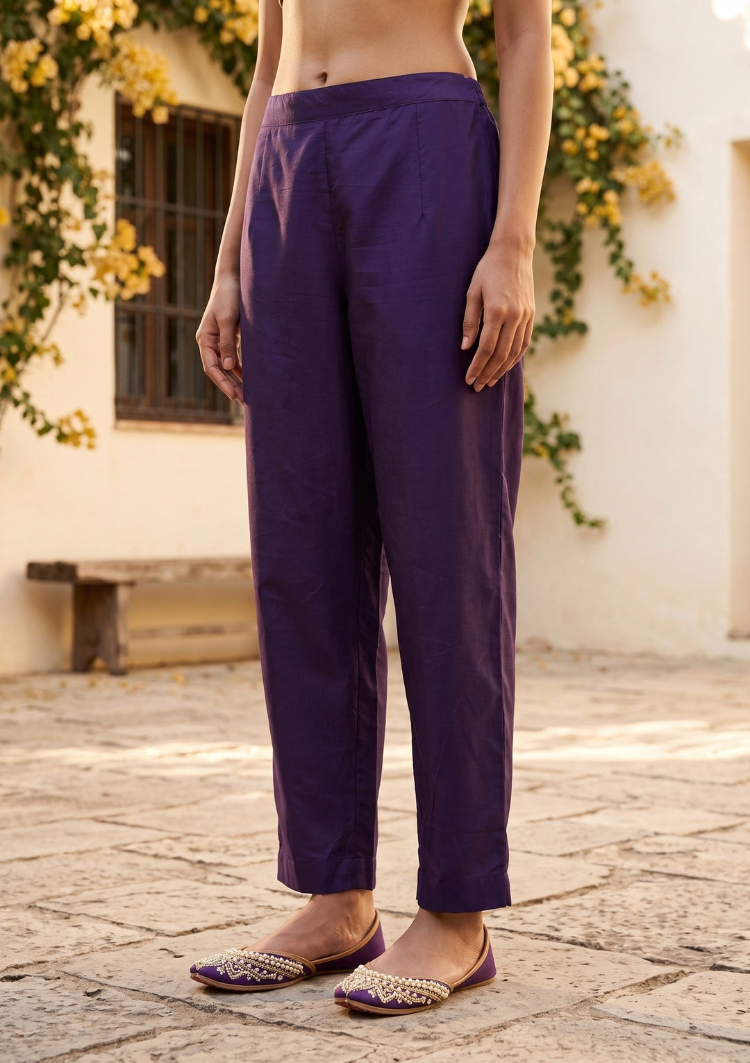 Purple Chanderi Floral Cording Straight Kurta With Regular Pant And Dupatta