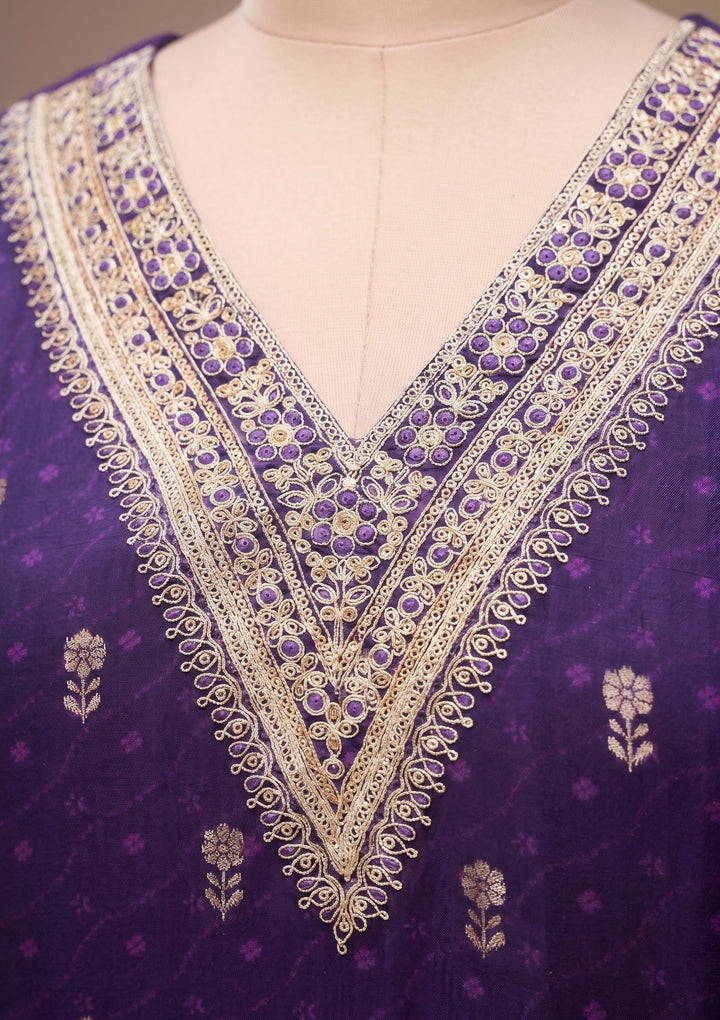 Purple Chanderi Floral Cording Straight Kurta With Regular Pant And Dupatta