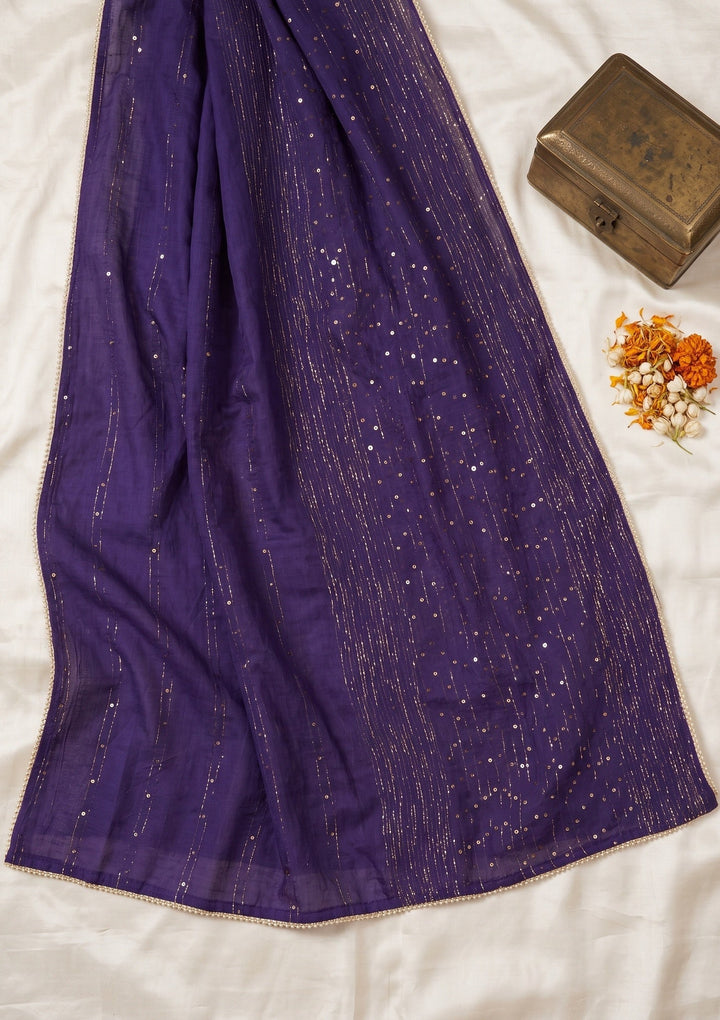 Purple Chanderi Floral Cording Straight Kurta With Regular Pant And Dupatta