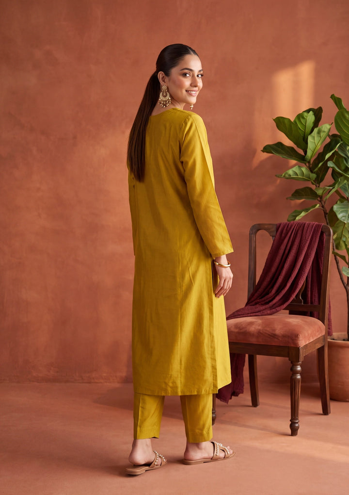 Mustard Yellow Zariwork (Gold) Chanderi Readymade Salwar Suit