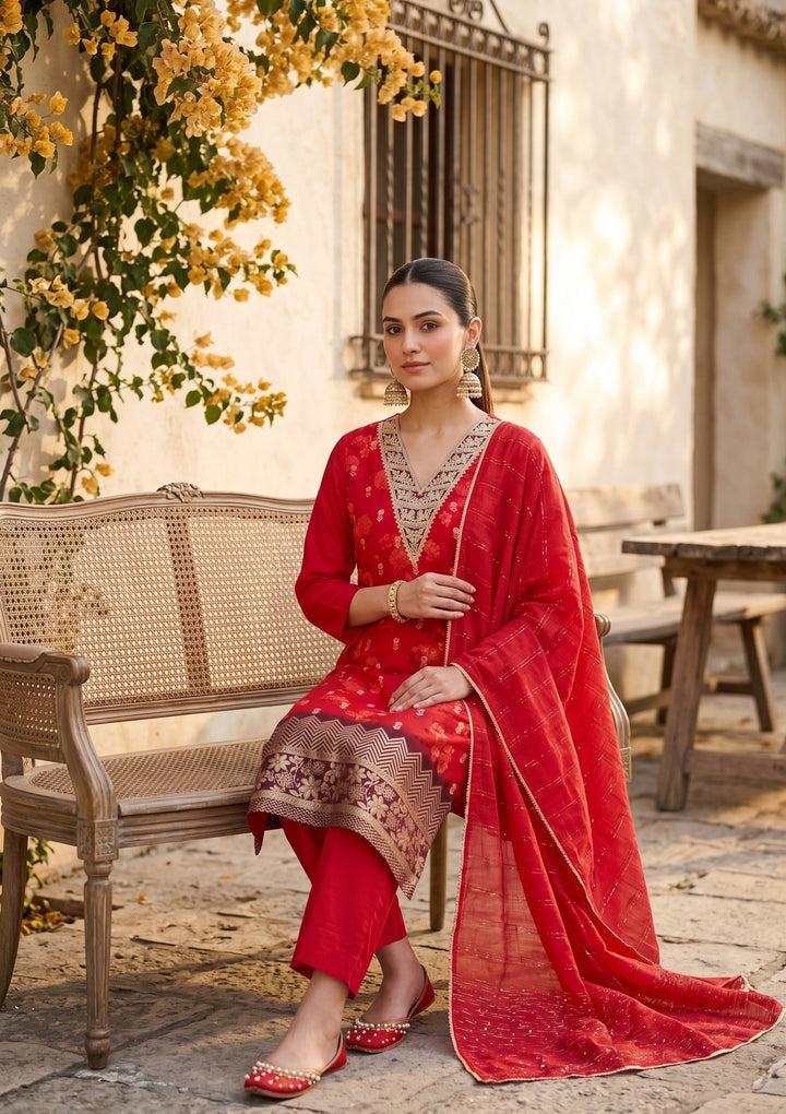 Red Zariwork (Gold) Chanderi Readymade Salwar Suit