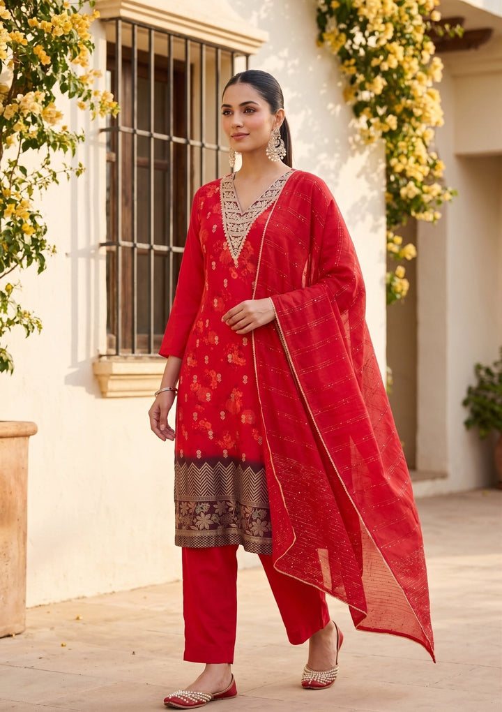 Red Zariwork (Gold) Chanderi Readymade Salwar Suit