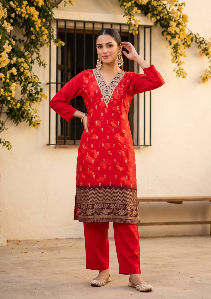 Red Zariwork (Gold) Chanderi Readymade Salwar Suit