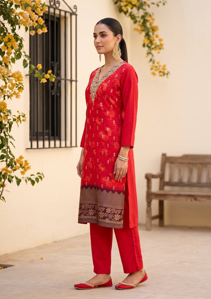 Red Zariwork (Gold) Chanderi Readymade Salwar Suit