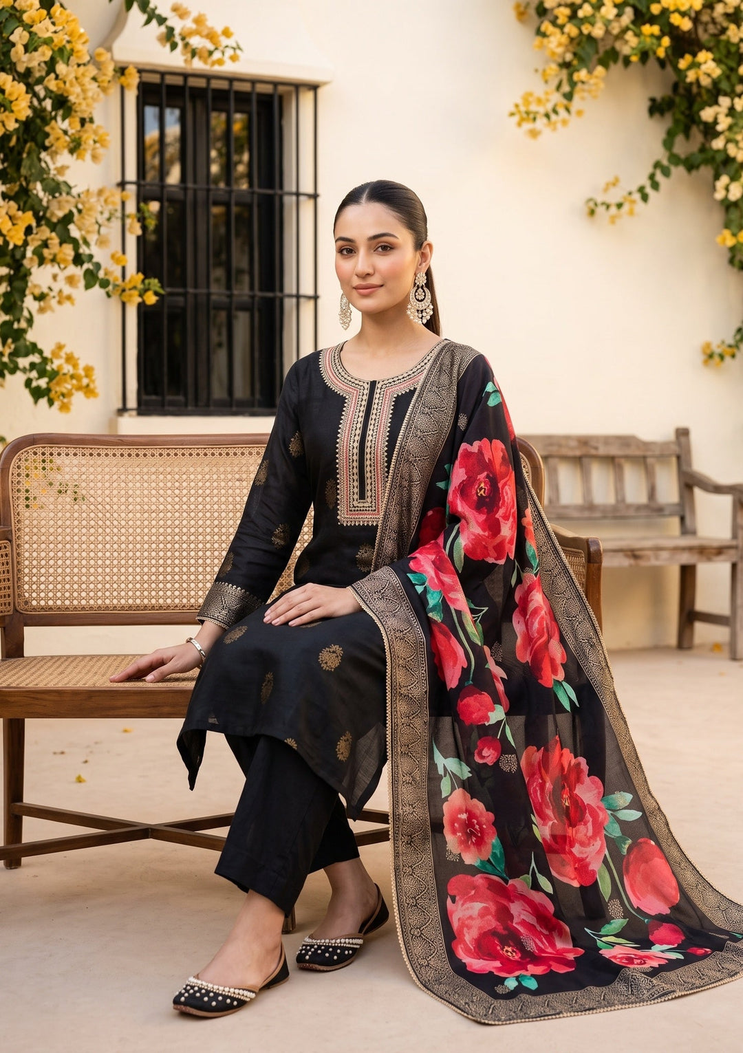 Black Cording Silk Readymade Salwar Suit