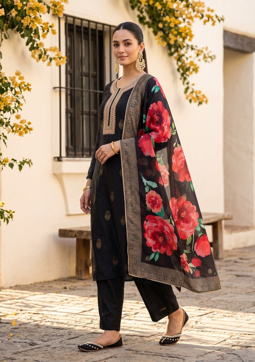Black Cording Silk Readymade Salwar Suit