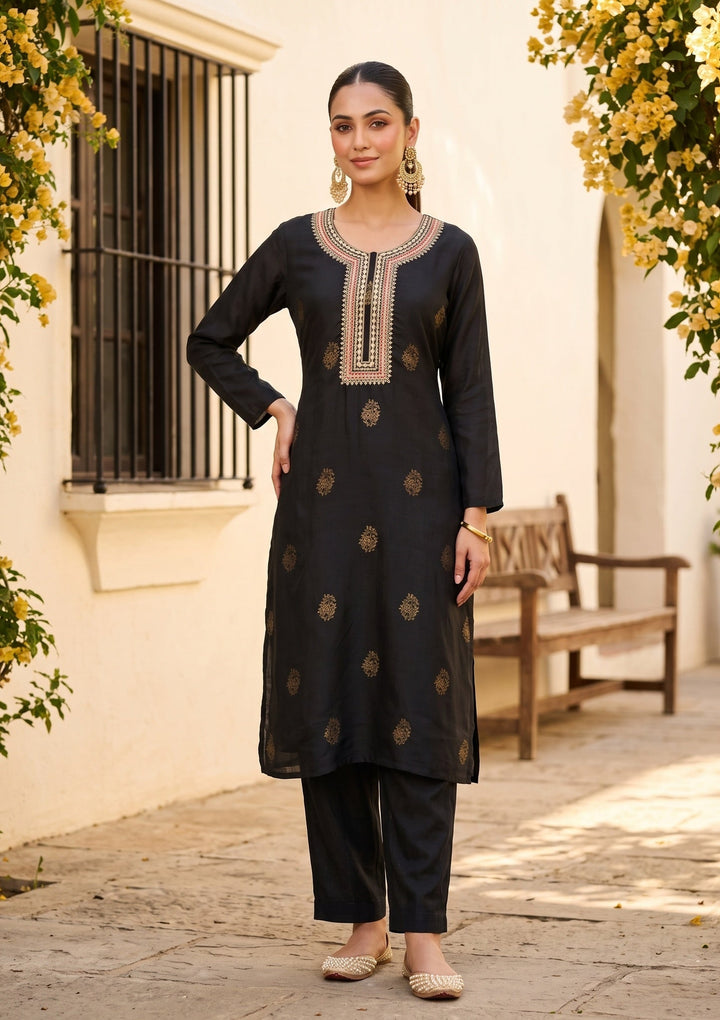 Black Cording Silk Readymade Salwar Suit
