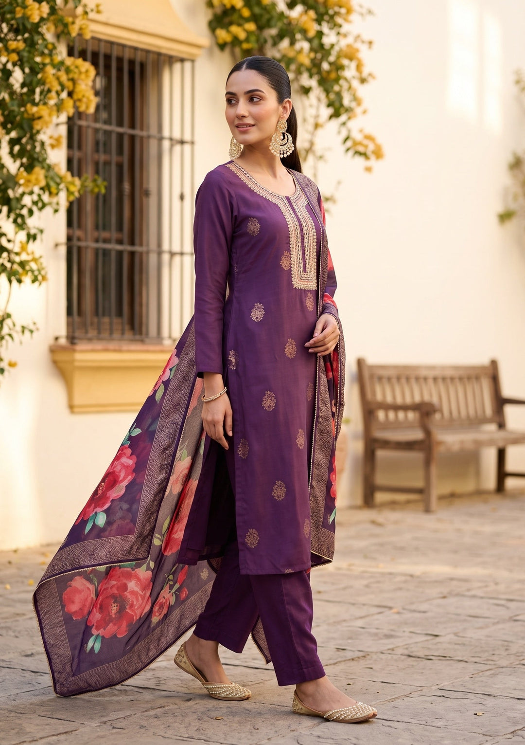 Purple Cording Silk Readymade Salwar Suit