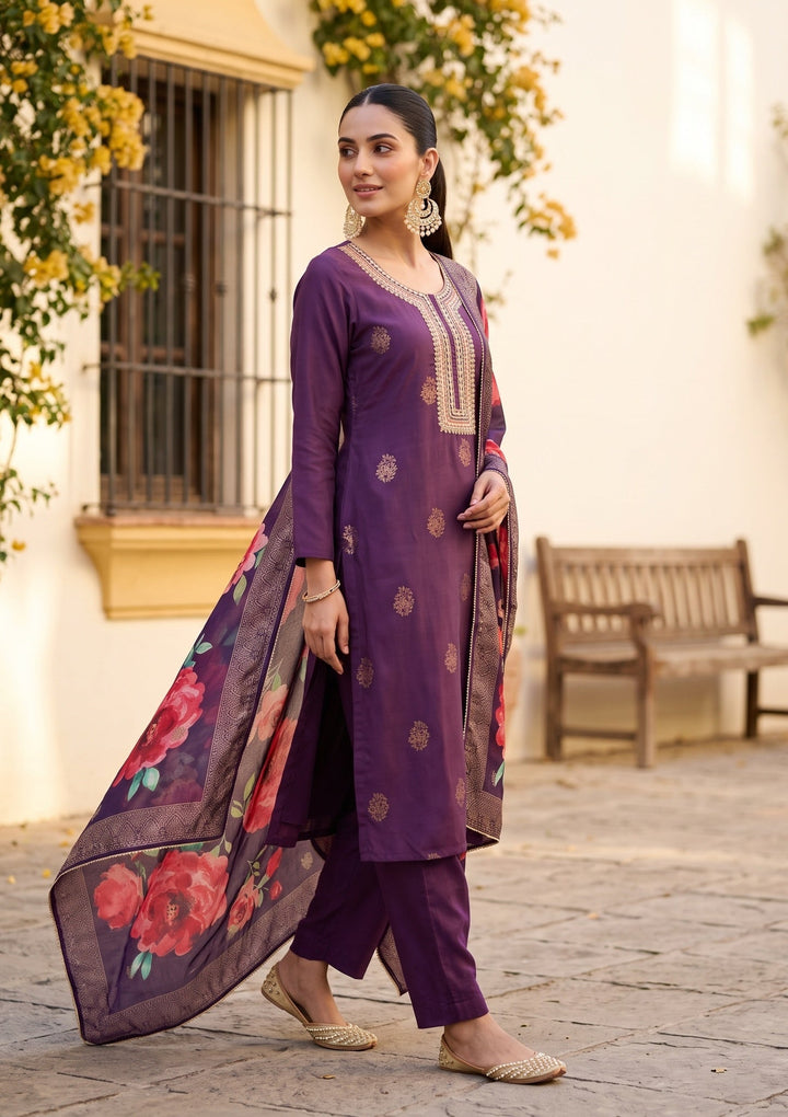 Purple Cording Silk Readymade Salwar Suit