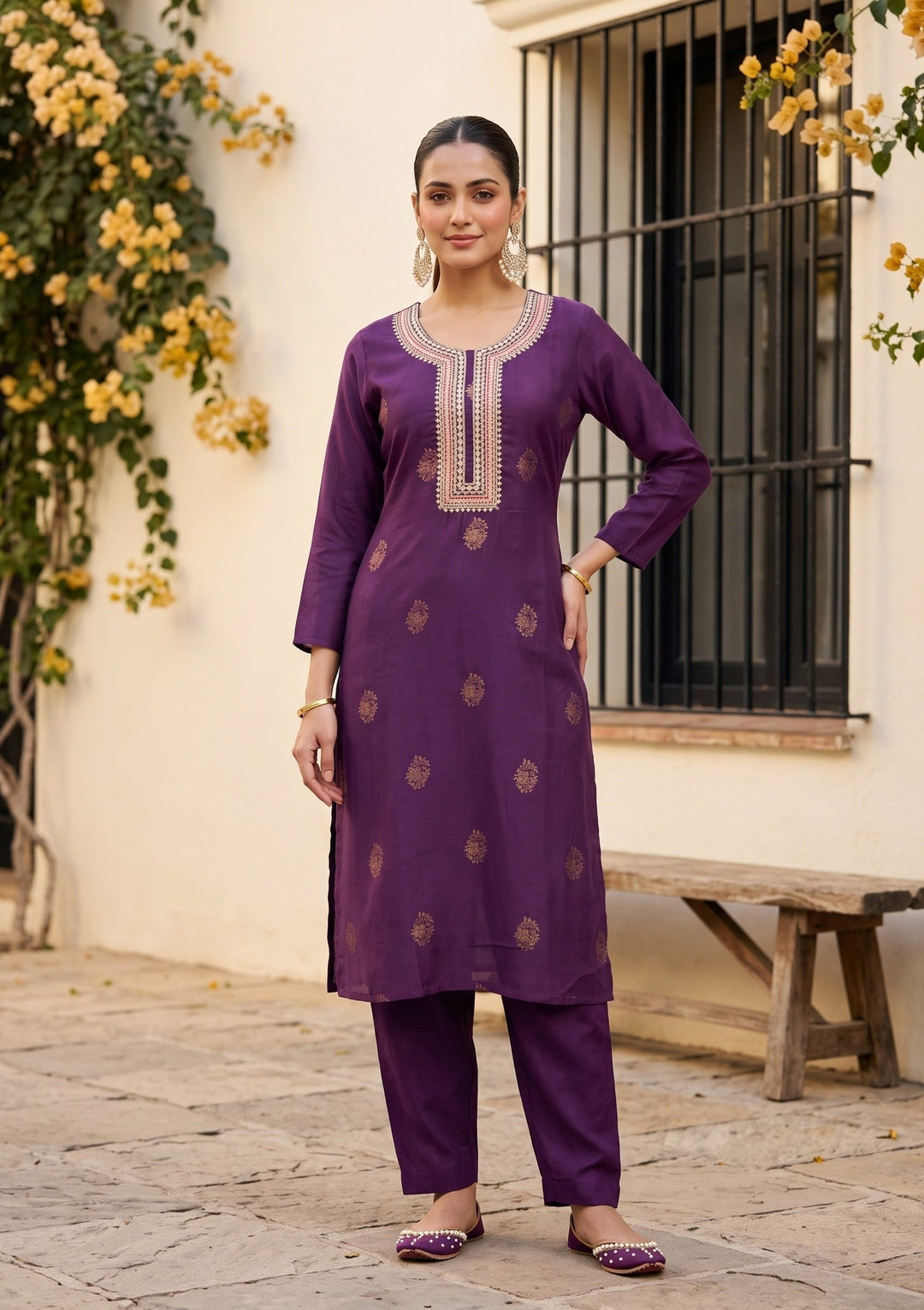 Purple Cording Silk Readymade Salwar Suit