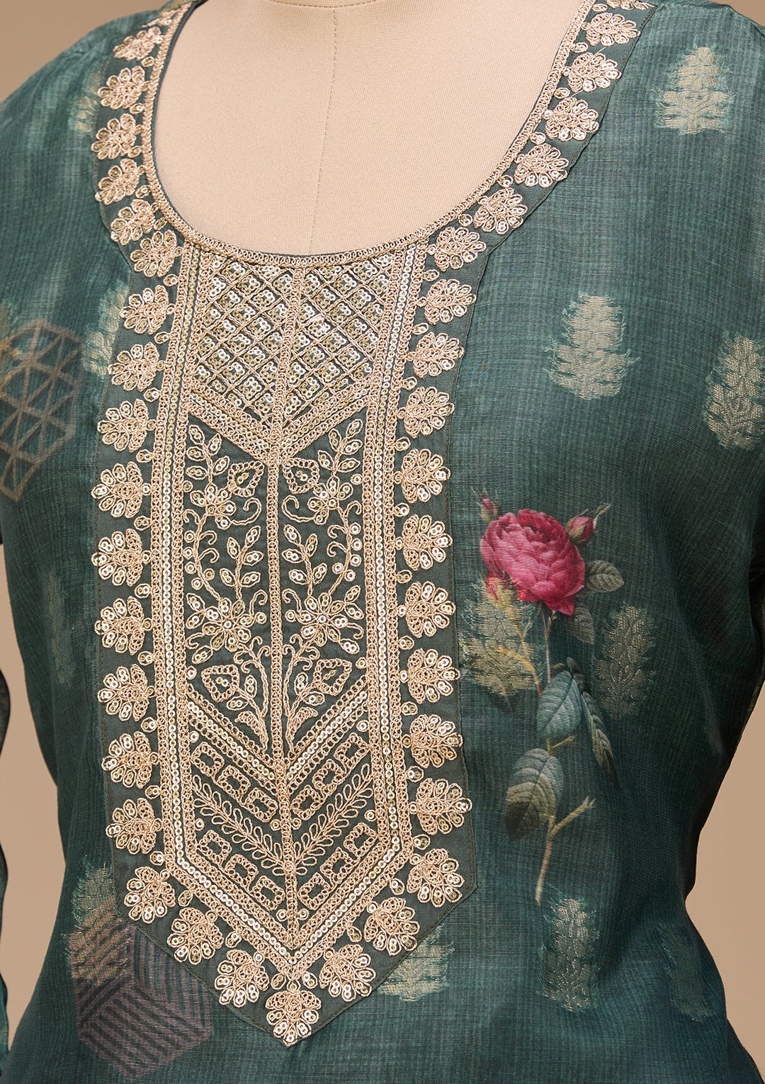 Bottle Green Zariwork (Gold) Chanderi Readymade Salwar Suit