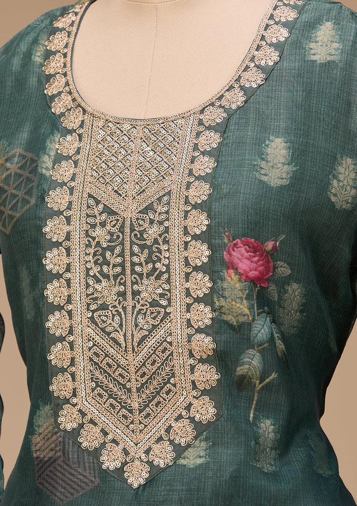 Bottle Green Zariwork (Gold) Chanderi Readymade Salwar Suit