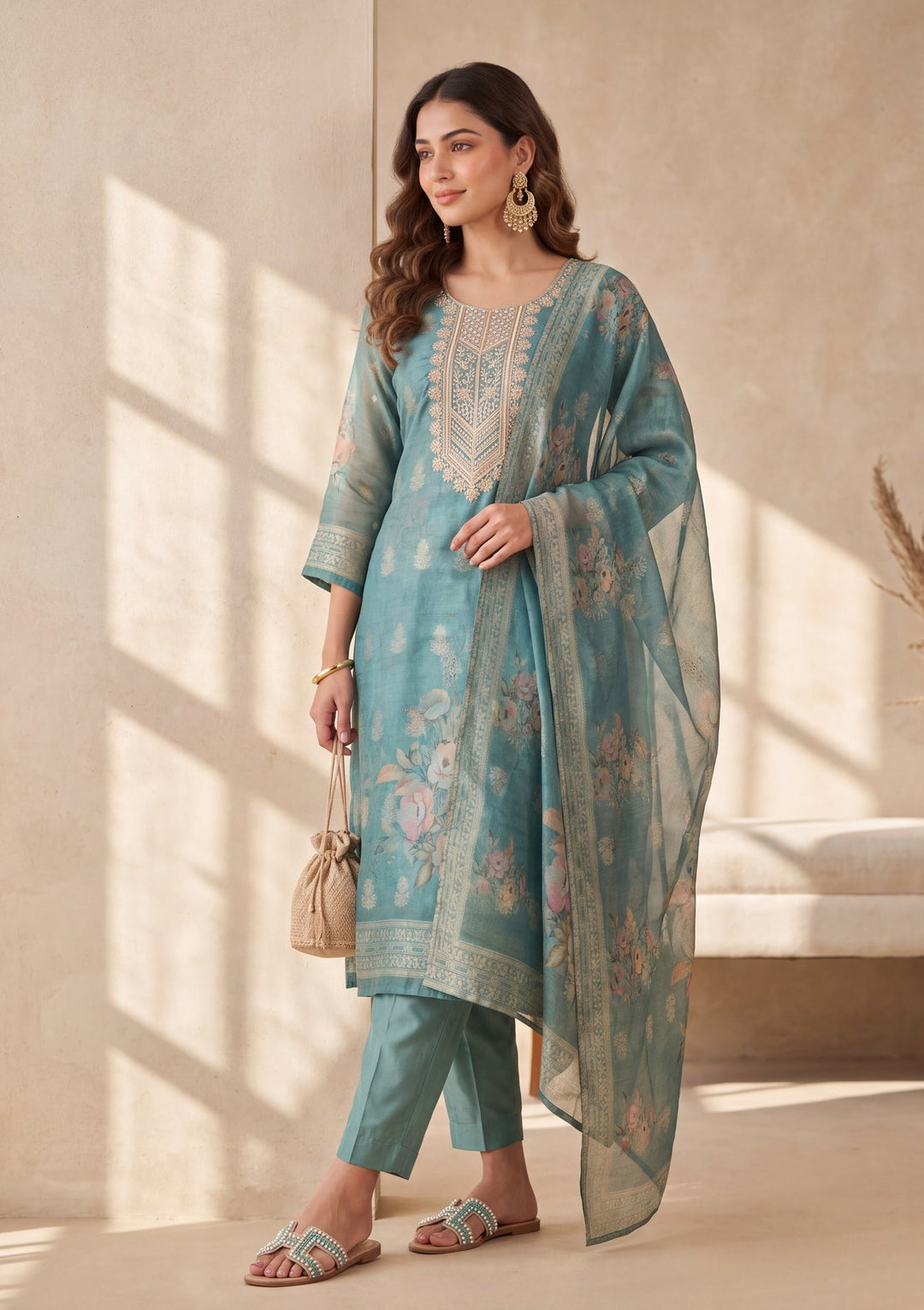 Sea Green Zariwork (Gold) Chanderi Readymade Salwar Suit