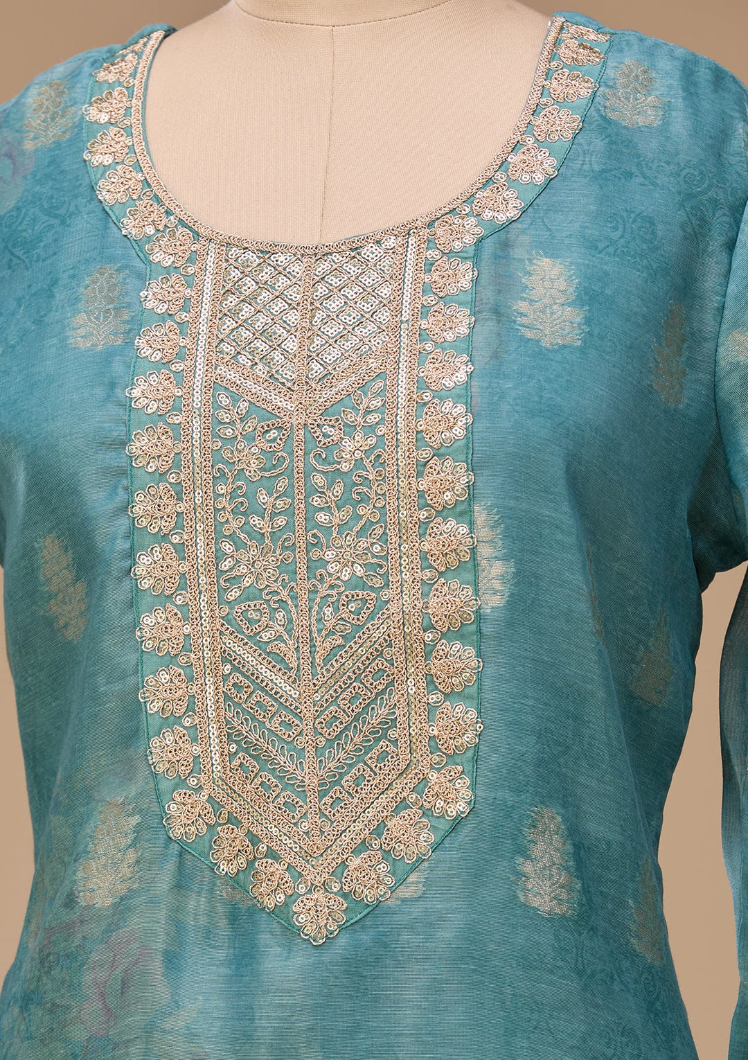 Sea Green Zariwork (Gold) Chanderi Readymade Salwar Suit