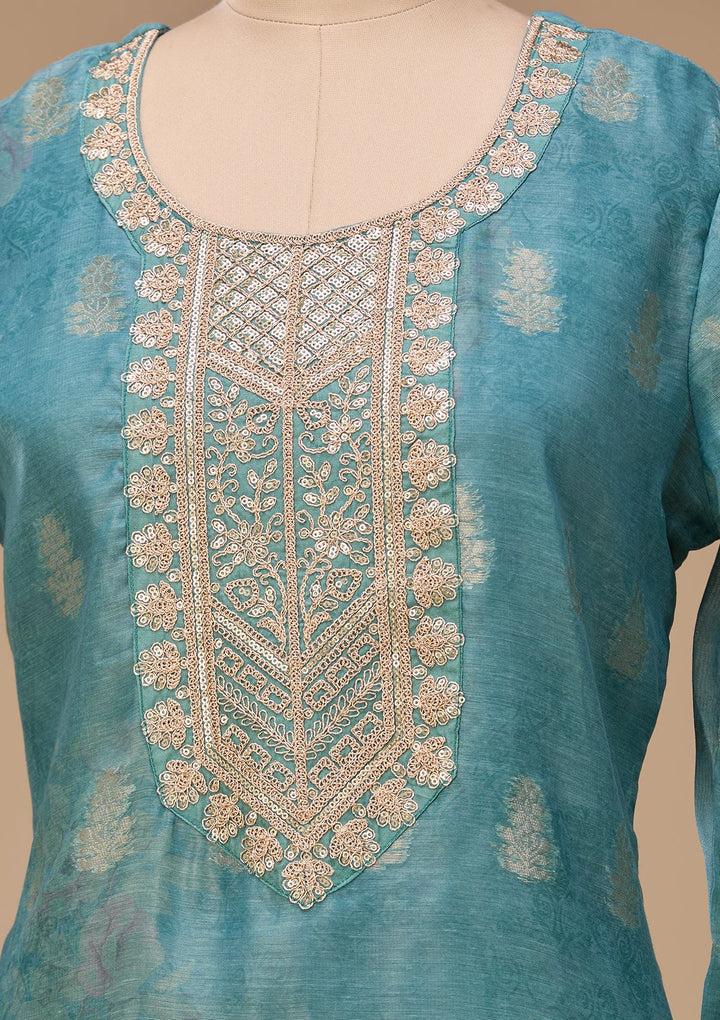 Sea Green Zariwork (Gold) Chanderi Readymade Salwar Suit