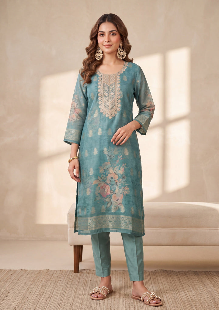 Sea Green Zariwork (Gold) Chanderi Readymade Salwar Suit