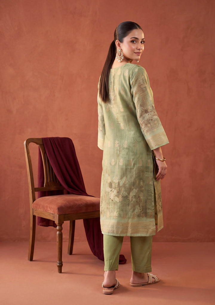 Pista Green Zariwork (Gold) Chanderi Readymade Salwar Suit