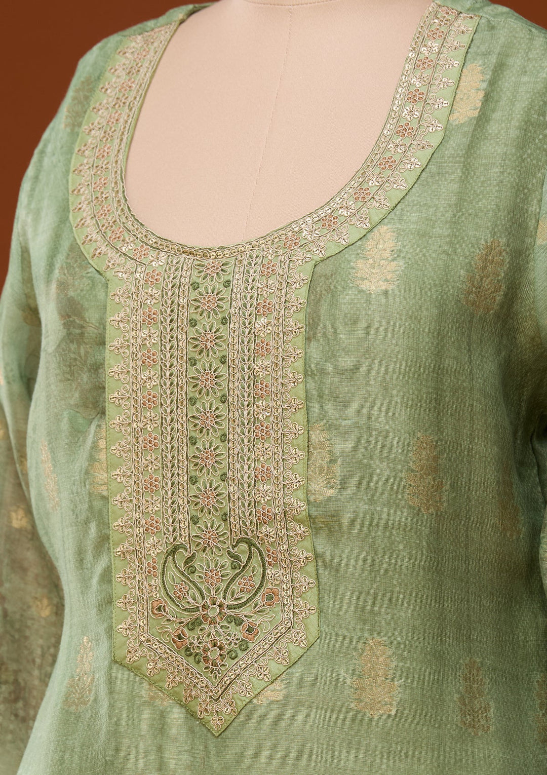 Pista Green Zariwork (Gold) Chanderi Readymade Salwar Suit