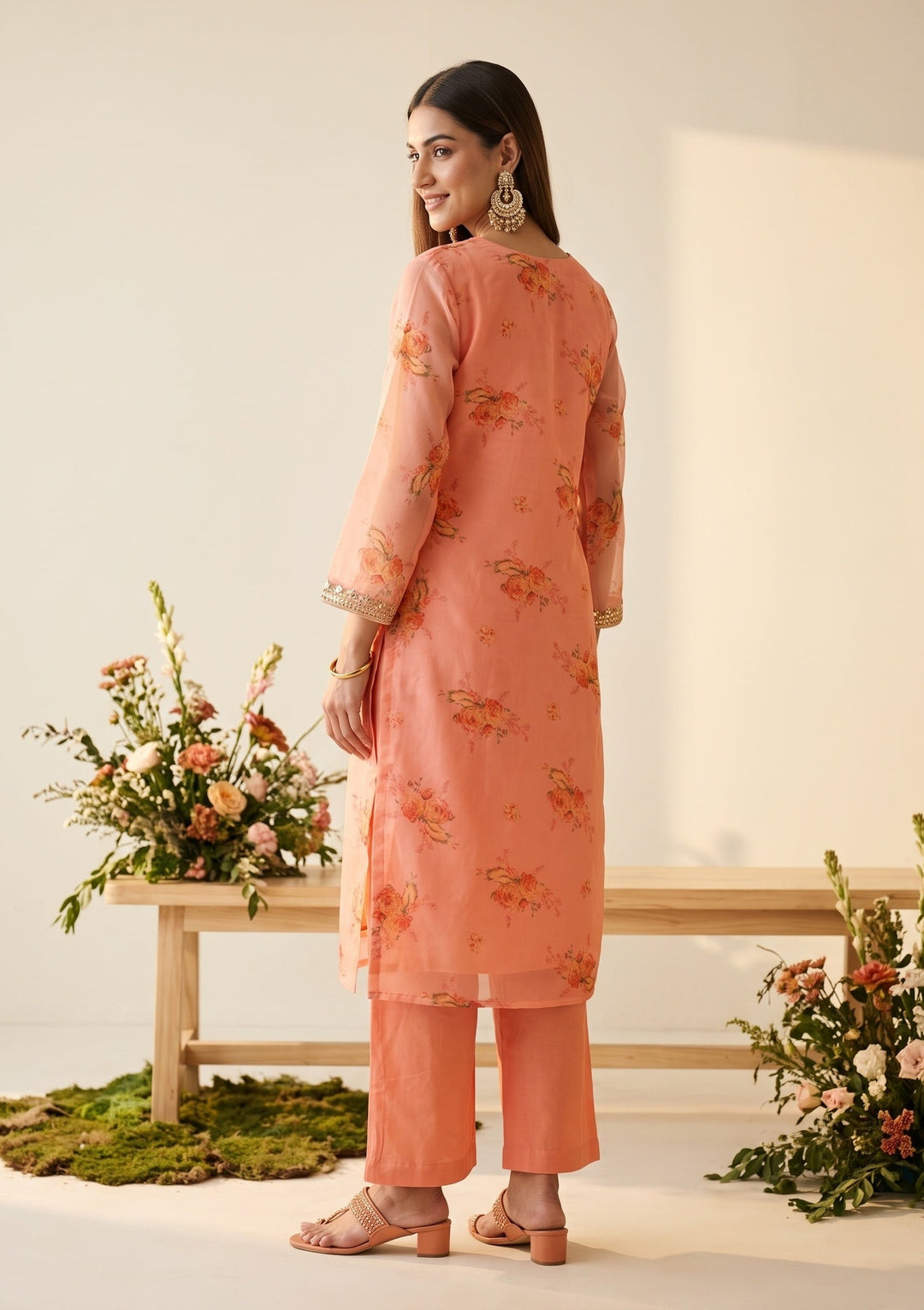Peach Organza Floral Cording Straight Kurta With Pant Regular And Dupatta