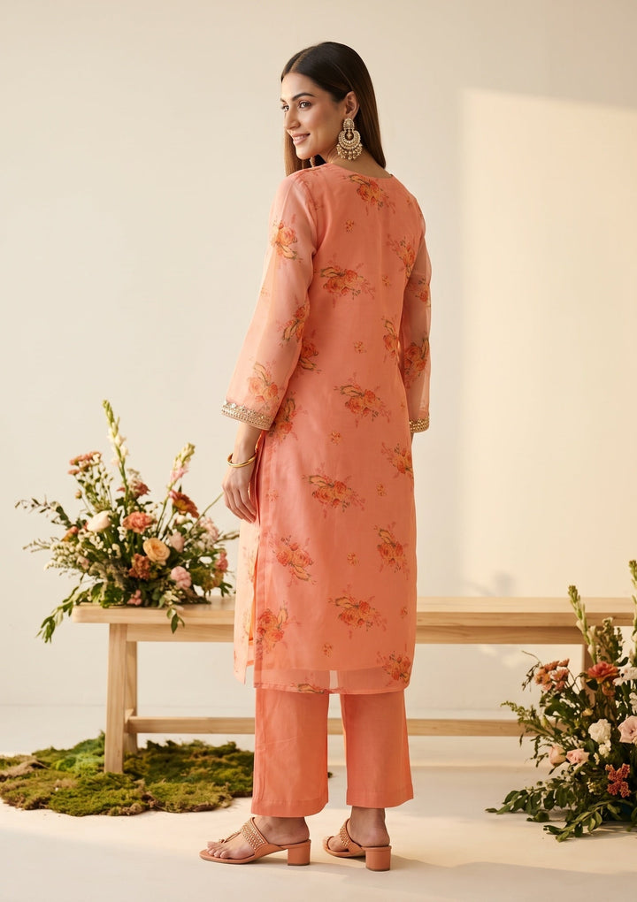 Peach Organza Floral Cording Straight Kurta With Pant Regular And Dupatta