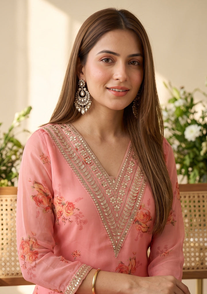 Peach Organza Floral Cording Straight Kurta With Pant Regular And Dupatta