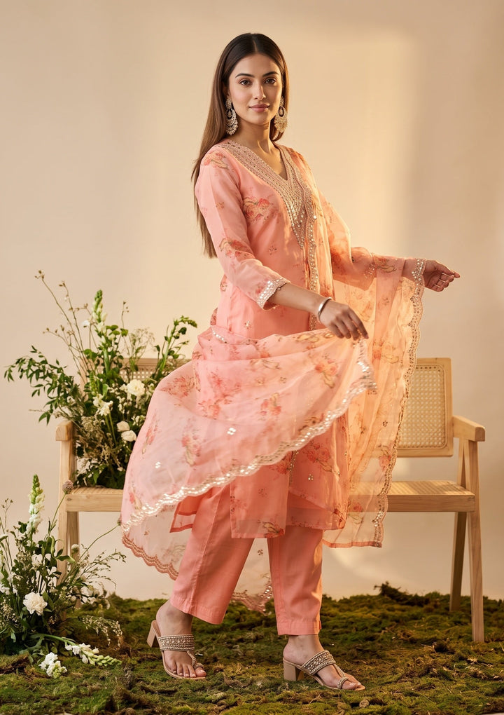 Peach Organza Floral Cording Straight Kurta With Pant Regular And Dupatta