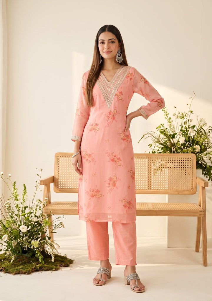 Peach Organza Floral Cording Straight Kurta With Pant Regular And Dupatta