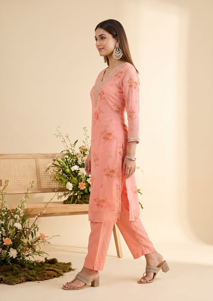 Peach Organza Floral Cording Straight Kurta With Pant Regular And Dupatta