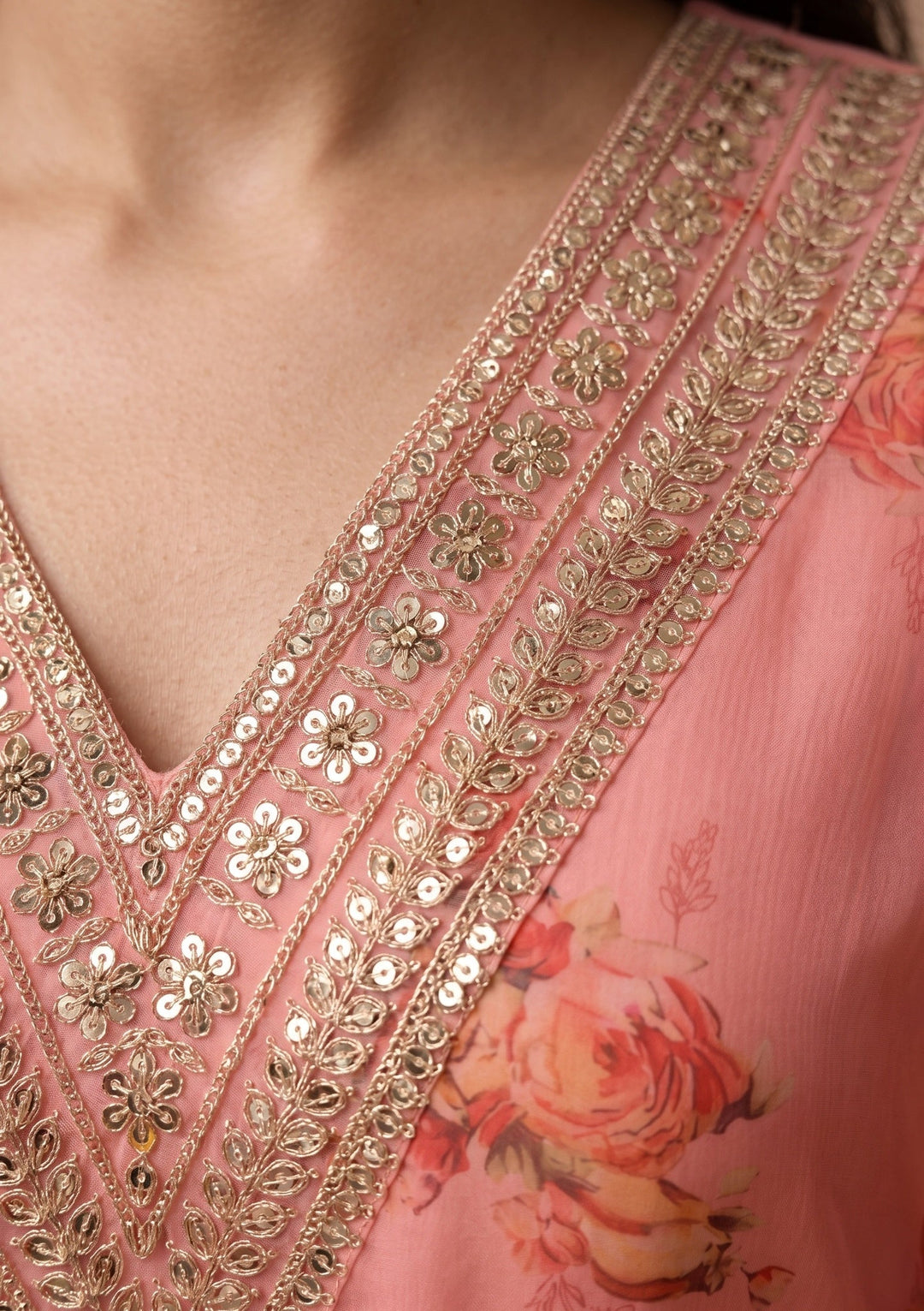 Peach Organza Floral Cording Straight Kurta With Pant Regular And Dupatta