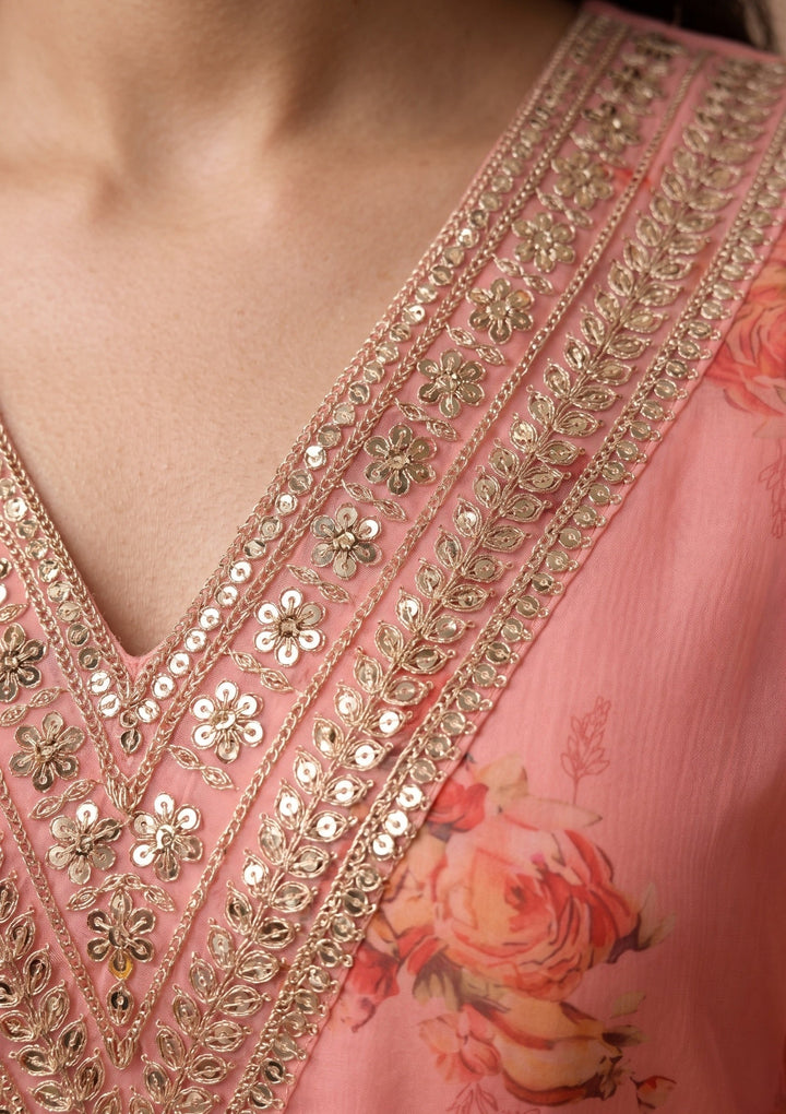 Peach Organza Floral Cording Straight Kurta With Pant Regular And Dupatta