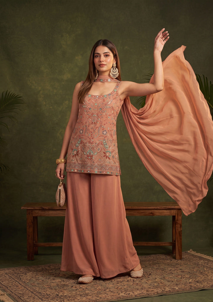 Peach Threadwork Georgette Readymade Salwar Suit