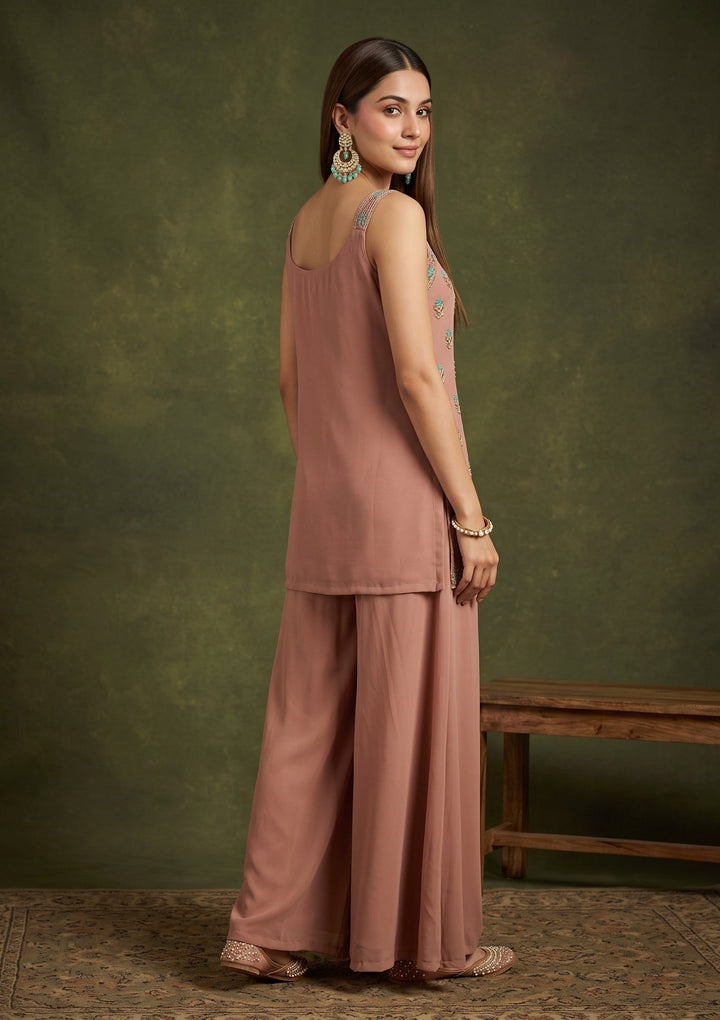 Peach Threadwork Georgette Readymade Salwar Suit