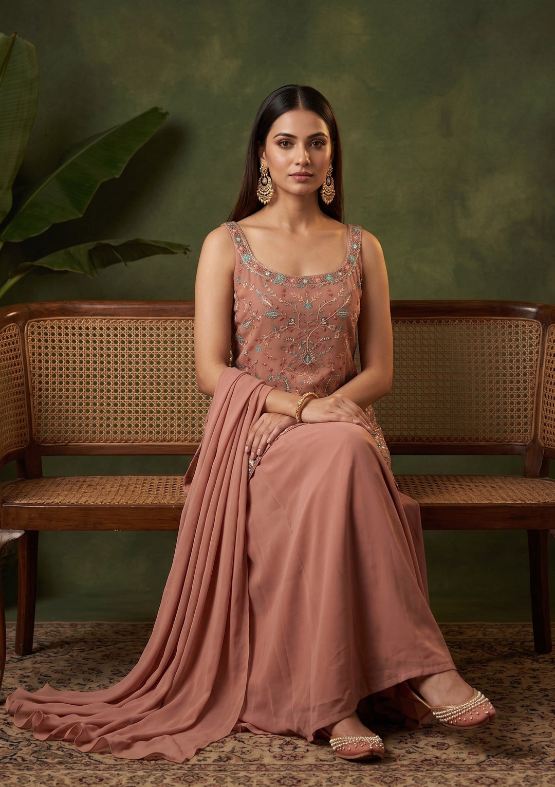 Peach Threadwork Georgette Readymade Salwar Suit