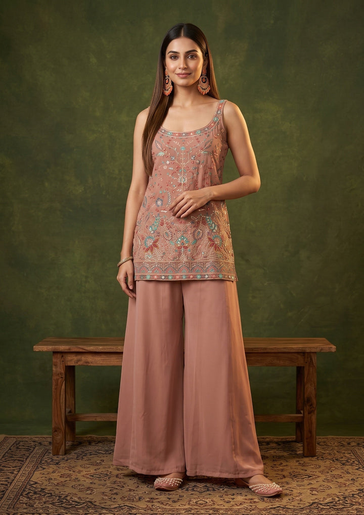 Peach Threadwork Georgette Readymade Salwar Suit