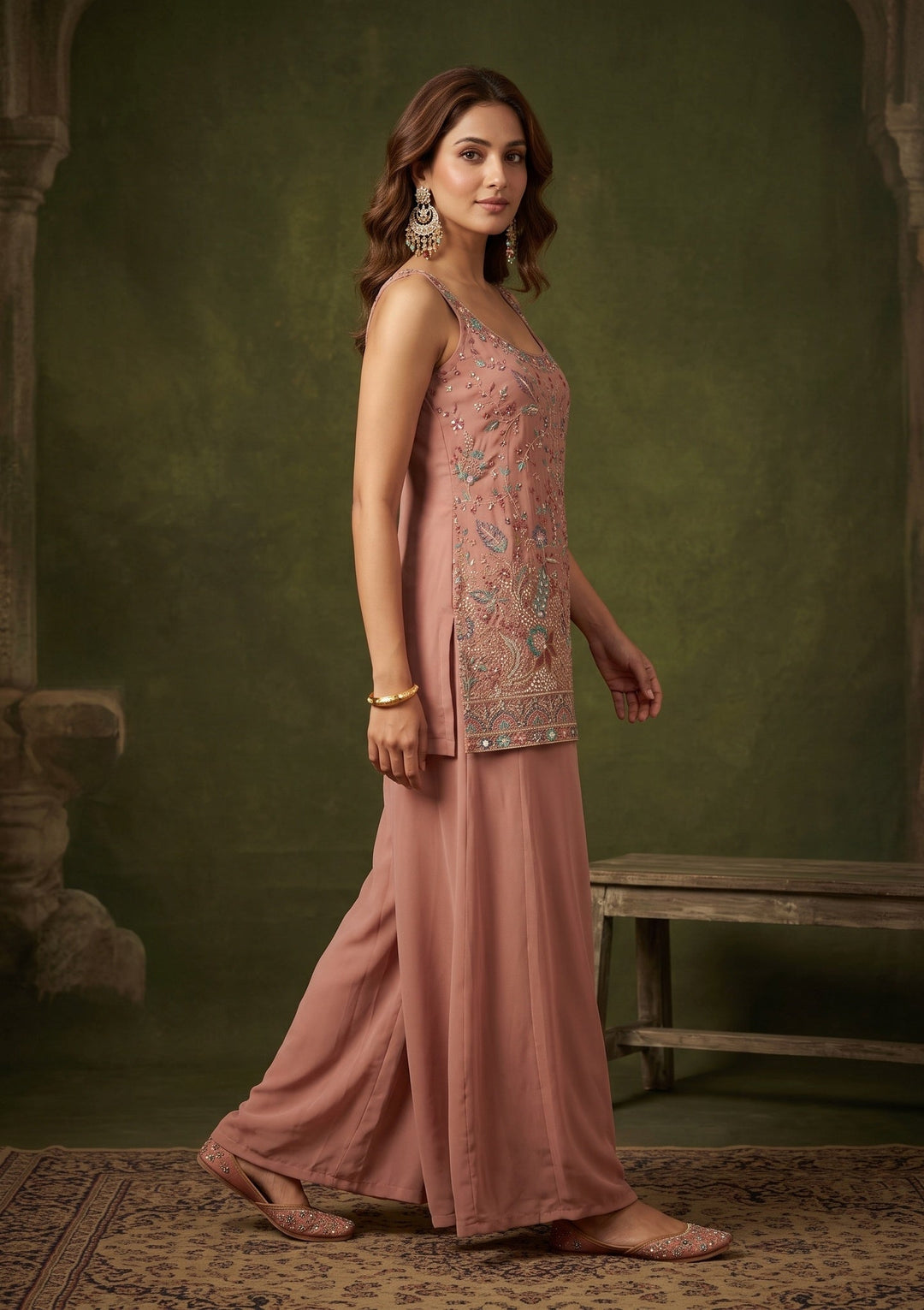 Peach Threadwork Georgette Readymade Salwar Suit