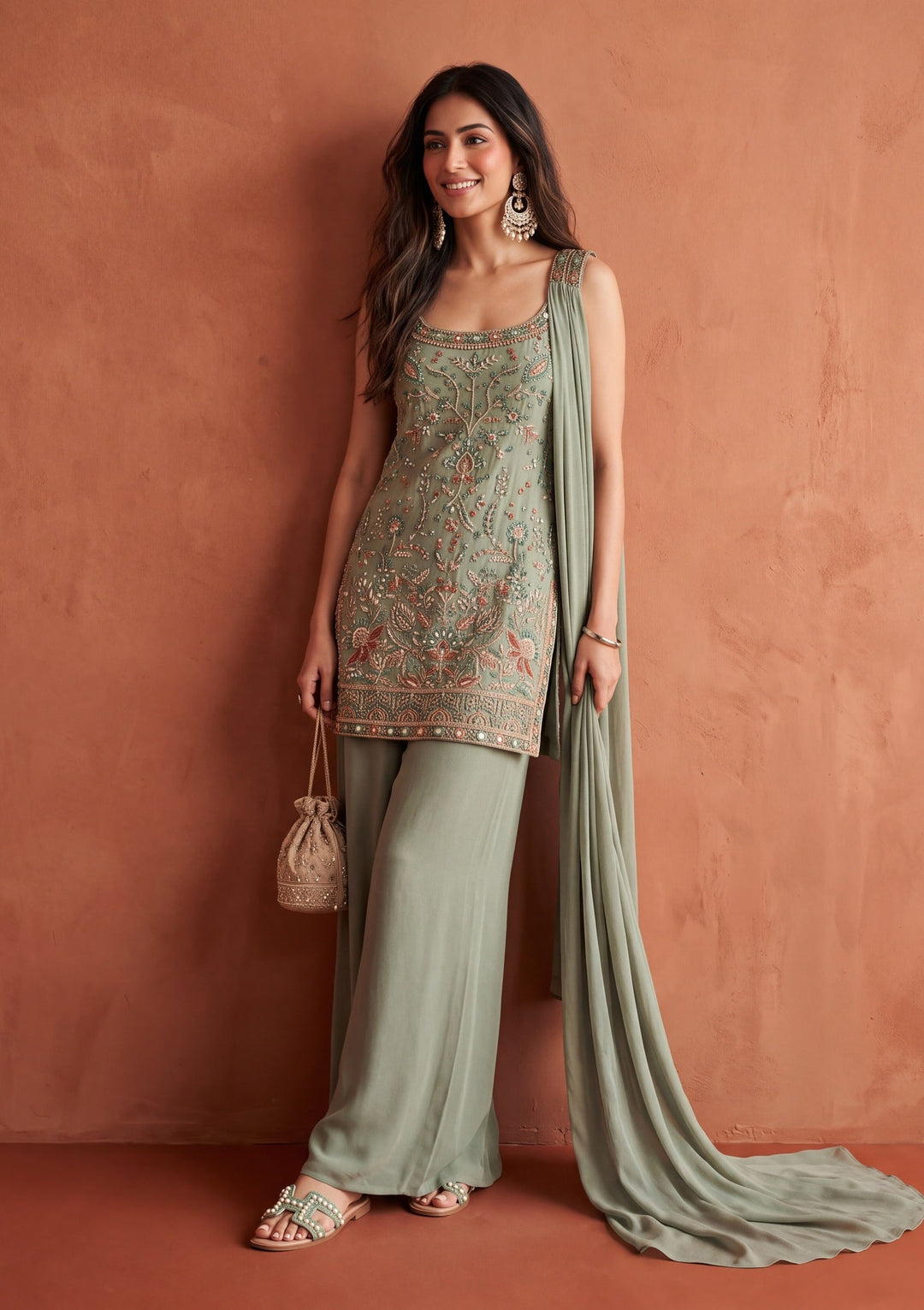 Pista Green Threadwork Georgette Readymade Salwar Suit